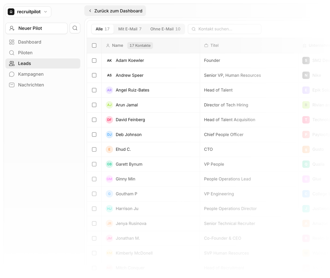 recruitpilot leads table with verified contacts and titles