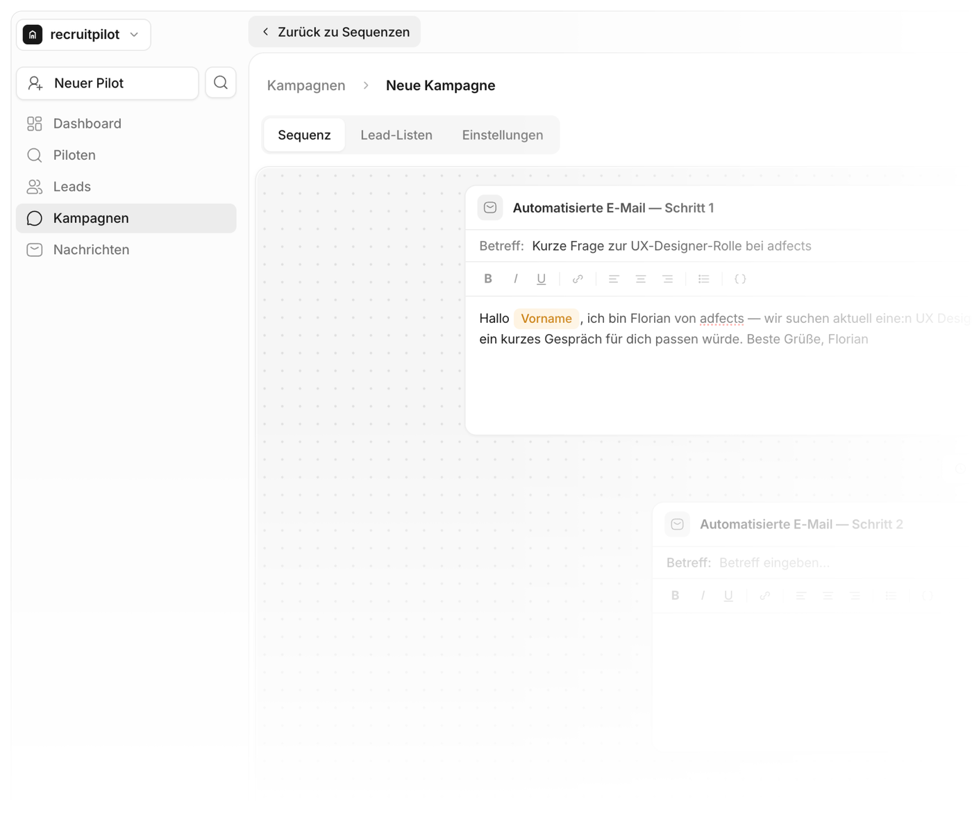 recruitpilot product interface, outreach view